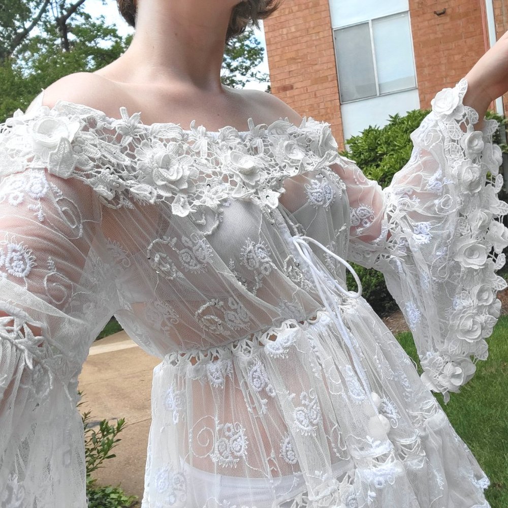 angelic fairycore white lace beaded mini dress - Picture 4 of 14